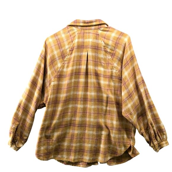 American Eagle Oversized Flannel Shirt Womens S Mustard Yellow Plaid Button Down - Picture 2 of 9
